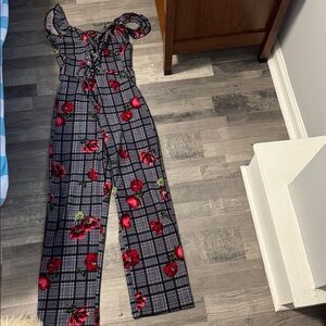 Almost Famous Red and Black Plaid Jumpsuit